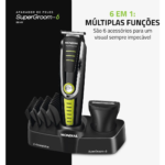 ✂️ Aparador de Pelos SuperGroom Mondial BG-04: Praticidade e Precisão para o Seu Dia a Dia Manter o visual em dia nunca foi tão simples! O Aparador de Pelos SuperGroom Mondial foi desenvolvido para homens modernos que valorizam praticidade, estilo e alto desempenho na hora de cuidar da aparência. 🔥 6 em 1: Tudo o que você precisa em um único aparelho Com o SuperGroom BG-04, você tem em mãos 6 acessórios que permitem cuidar do cabelo, barba e corpo sem complicações: 2 tipos de aparadores de alto desempenho; 4 pentes de corte (3mm, 6mm, 9mm e 12mm) para ajustar o comprimento dos fios ao seu estilo. 👉 Seja para um visual mais alinhado no dia a dia ou para dar aquele acabamento perfeito, você encontra todas as opções em um único kit.