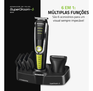 ✂️ Aparador de Pelos SuperGroom Mondial BG-04: Praticidade e Precisão para o Seu Dia a Dia Manter o visual em dia nunca foi tão simples! O Aparador de Pelos SuperGroom Mondial foi desenvolvido para homens modernos que valorizam praticidade, estilo e alto desempenho na hora de cuidar da aparência. 🔥 6 em 1: Tudo o que você precisa em um único aparelho Com o SuperGroom BG-04, você tem em mãos 6 acessórios que permitem cuidar do cabelo, barba e corpo sem complicações: 2 tipos de aparadores de alto desempenho; 4 pentes de corte (3mm, 6mm, 9mm e 12mm) para ajustar o comprimento dos fios ao seu estilo. 👉 Seja para um visual mais alinhado no dia a dia ou para dar aquele acabamento perfeito, você encontra todas as opções em um único kit.