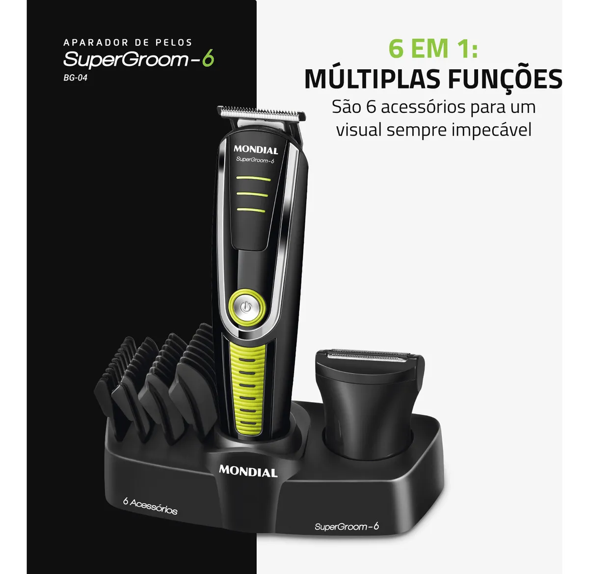 ✂️ Aparador de Pelos SuperGroom Mondial BG-04: Praticidade e Precisão para o Seu Dia a Dia Manter o visual em dia nunca foi tão simples! O Aparador de Pelos SuperGroom Mondial foi desenvolvido para homens modernos que valorizam praticidade, estilo e alto desempenho na hora de cuidar da aparência. 🔥 6 em 1: Tudo o que você precisa em um único aparelho Com o SuperGroom BG-04, você tem em mãos 6 acessórios que permitem cuidar do cabelo, barba e corpo sem complicações: 2 tipos de aparadores de alto desempenho; 4 pentes de corte (3mm, 6mm, 9mm e 12mm) para ajustar o comprimento dos fios ao seu estilo. 👉 Seja para um visual mais alinhado no dia a dia ou para dar aquele acabamento perfeito, você encontra todas as opções em um único kit.